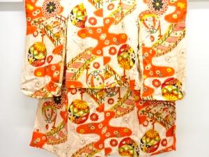 アンティーク　錦紗橋に花・毬模様着物